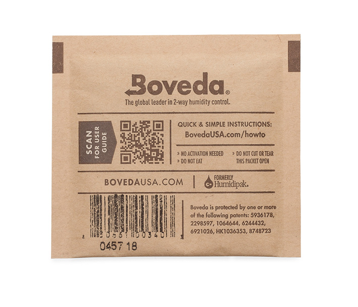 The back of a Boveda Humidity Control Pack offers a QR scan to access the user guide