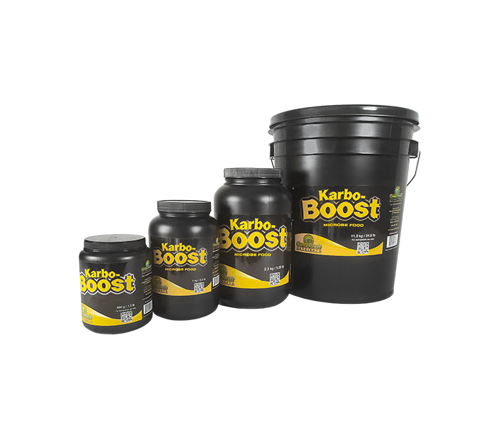 Four different sizes of Green Planet Nutrients Karbo Boost, which supports essential plant functions