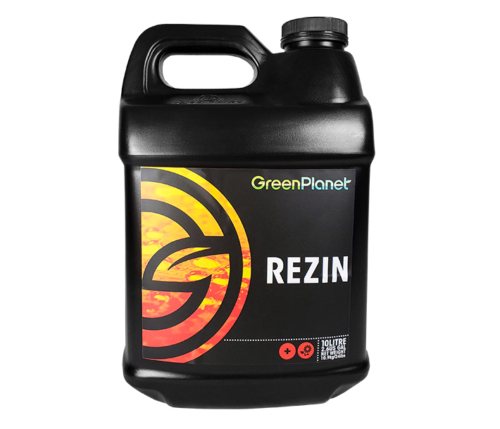A 10-liter size of Green Planet Nutrients – Rezin, used during the transition and flowering phases