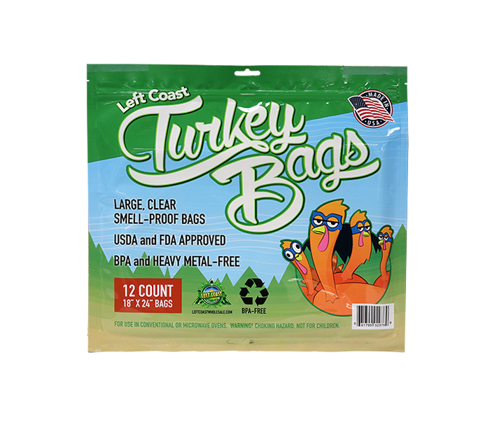 Left Coast Turkey Bags, here in the 12-count, 18 x 24-inch size, are made of triple-layer nylon