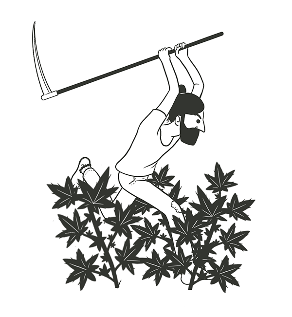 Black and white illustration of gardener swinging scythe at plants