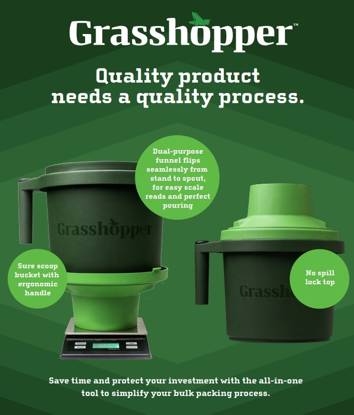 Promotional flyer for Grasshopper handheld harvesting and packing tool.