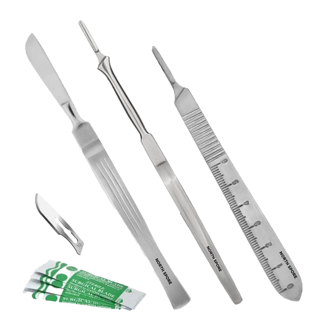 The 3 scalpels for mycology contained in the mycology tool kit from north spore, as well as the sterile scalpel blades included, which have a rounded tip - a #10 scalpel.